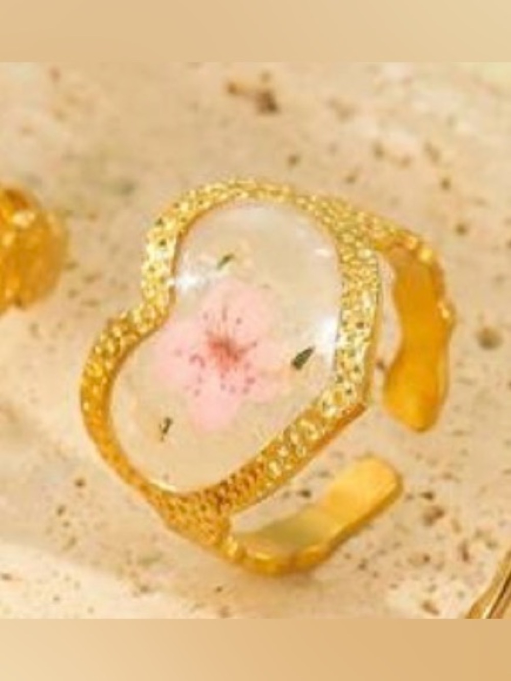 Gold plated Heart Ring with Pink Floral Resin Inlay